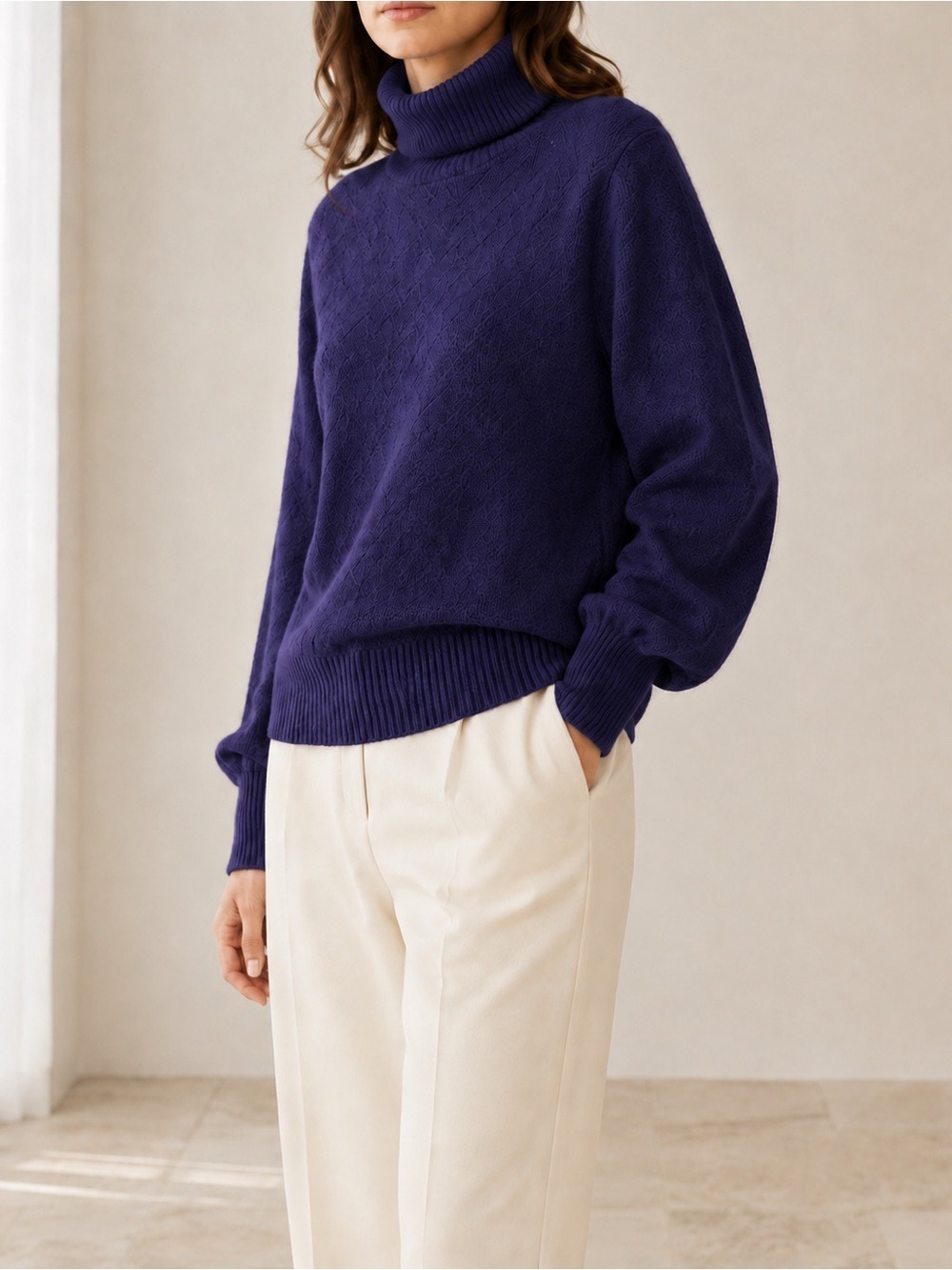 Trina Turk Blue Purple Merino Wool Textured Turtleneck Sweater M
